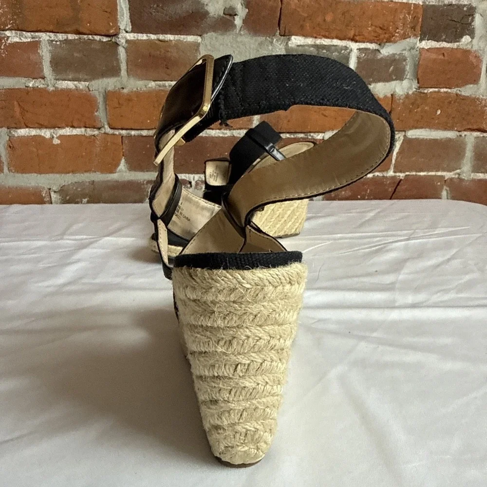 Banana Republic Black‎ Canvas Espadrille Wedge Heel Sandal Leather Trim Size 8